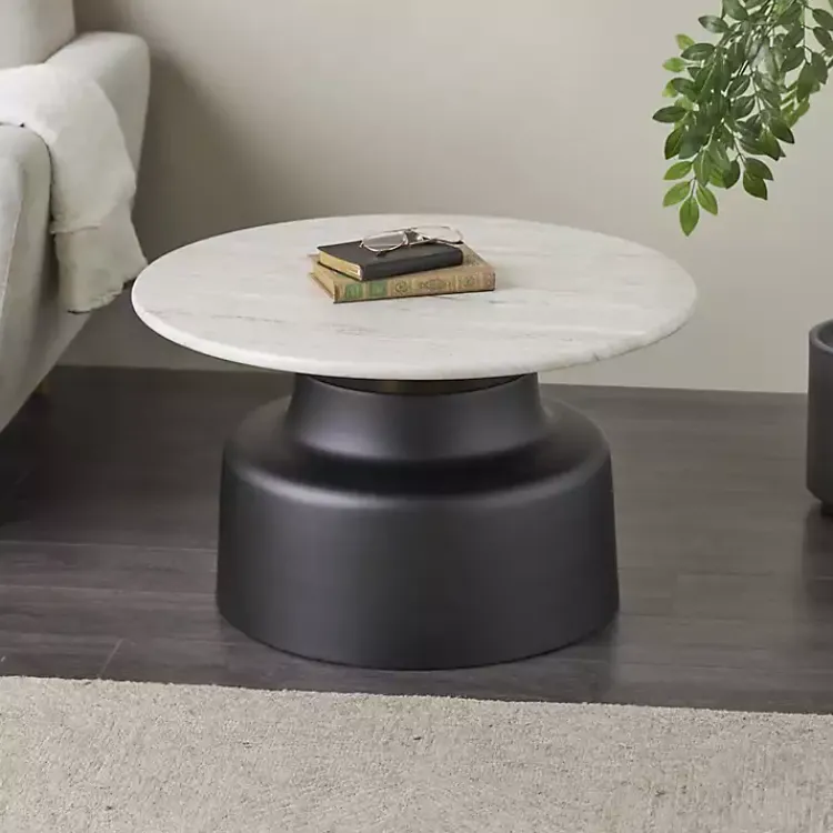 Coffee Tables-Kirklands Home Marble & Black Metal Pedestal Coffee Table White