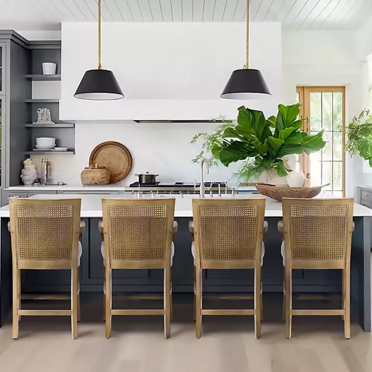 Bar Stools & Counter Height Stools-Kirklands Home Upholstered Cane Backrest Counter Stool Ivory