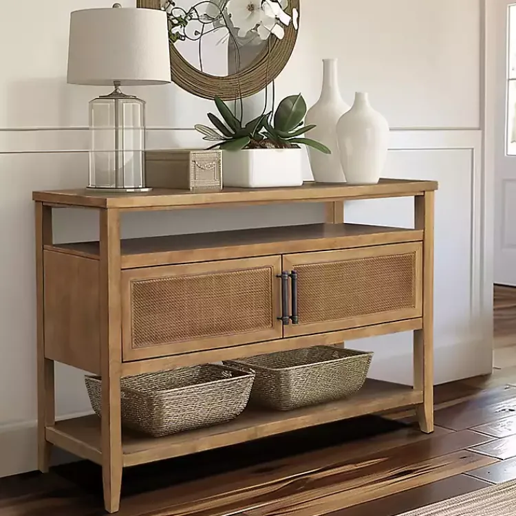 Console Tables-Kirklands Home Natural Cane Martha Sterwart Console Table Tan
