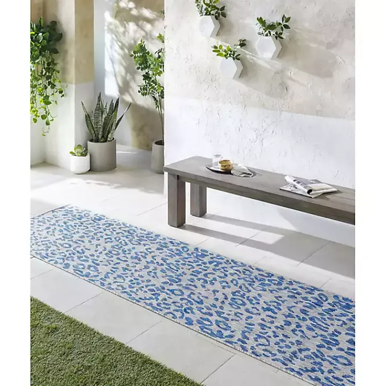 Outdoor Rugs-Kirklands Home Cauli Leopard Print Outdoor Runner Rug, 2x12 Blue