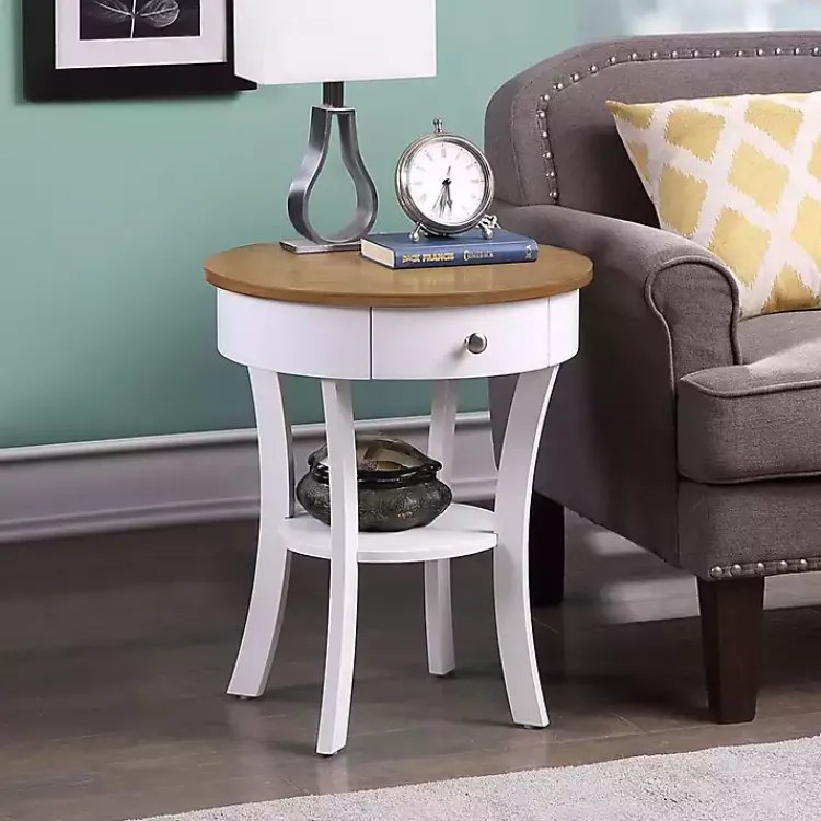 Accent & End Tables-Kirklands Home Wood & White Curved Legs Round Drawer Accent Table Brown