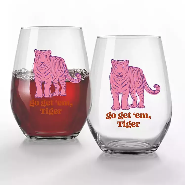 Glassware & Drinkware-Kirklands Home Go Get 'Em, Tiger Stemless Wine Glasses, Set of 2 Pink