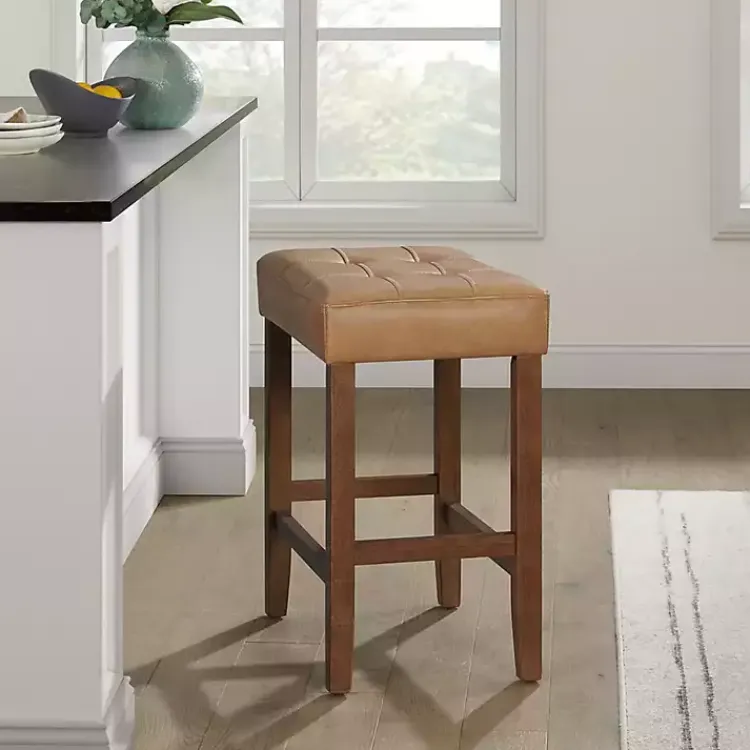 Bar Stools & Counter Height Stools-Kirklands Home Faux Leather Madison Walnut Counter Stool Tan