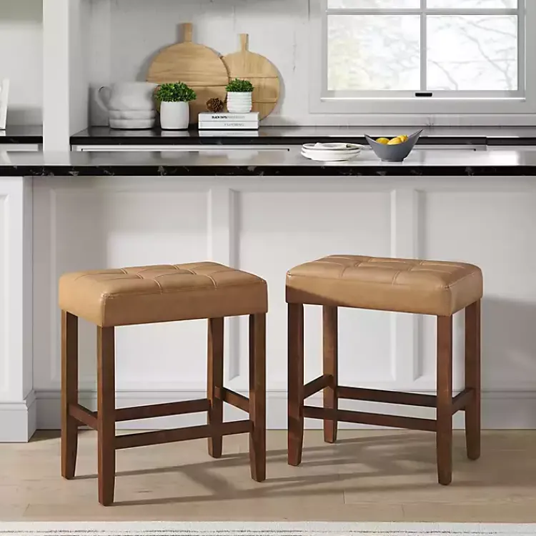 Bar Stools & Counter Height Stools-Kirklands Home Faux Leather Madison Walnut Counter Stool Tan