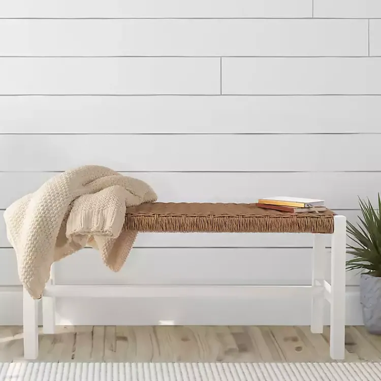 Entryway Furniture-Kirklands Home White Newport Wood and Rattan Bench Brown