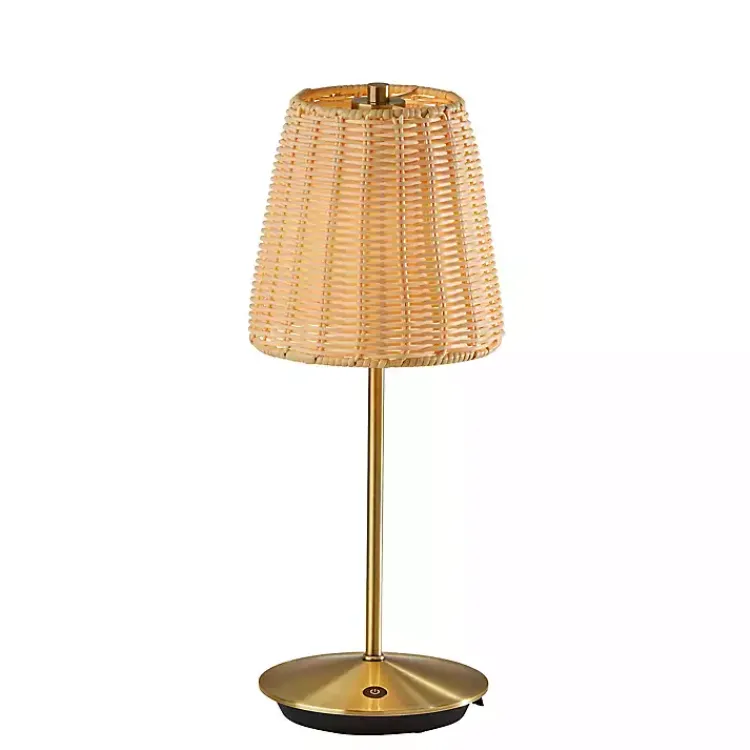Outdoor Lighting-Kirklands Home Brass Metal Rattan Shade Cordless Table Lamp Gold