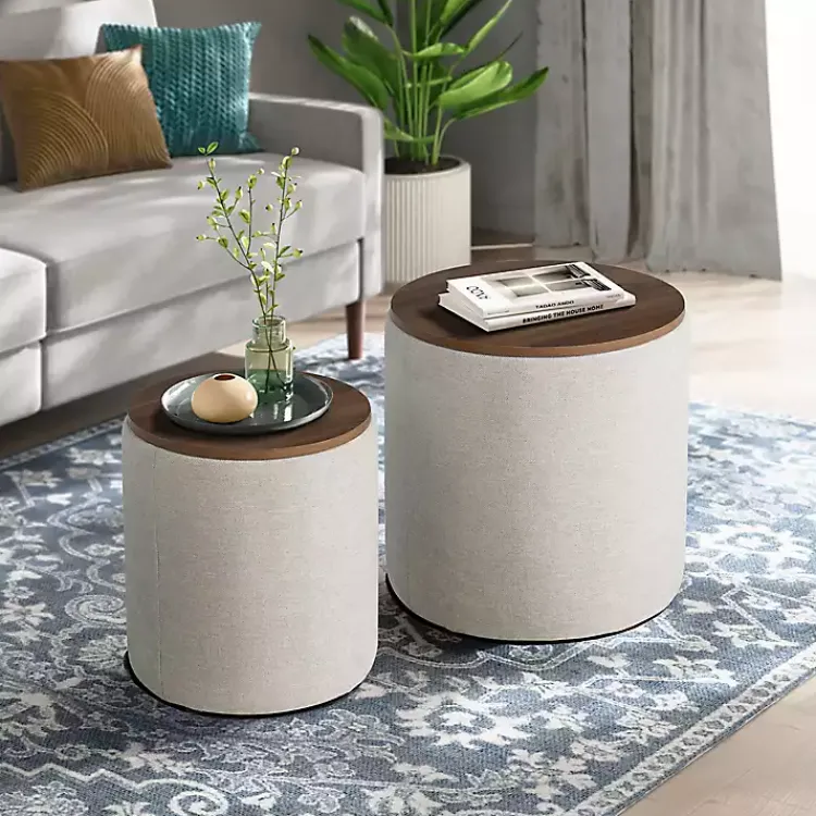 Benches & Ottomans-Kirklands Home Neutral Upholstered Nesting Ottomans, Set of 2 Ivory