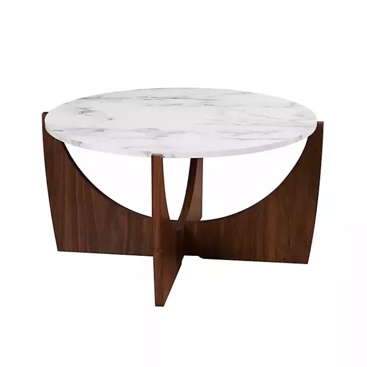 Coffee Tables-Kirklands Home Marble & Walnut Open Base Round Coffee Table Brown