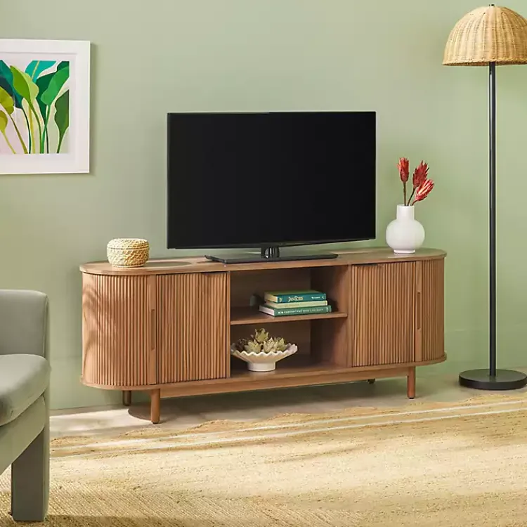 Tv Stands & Media Consoles-Kirklands Home Mocha Wood Reeded Oval TV Stand Brown