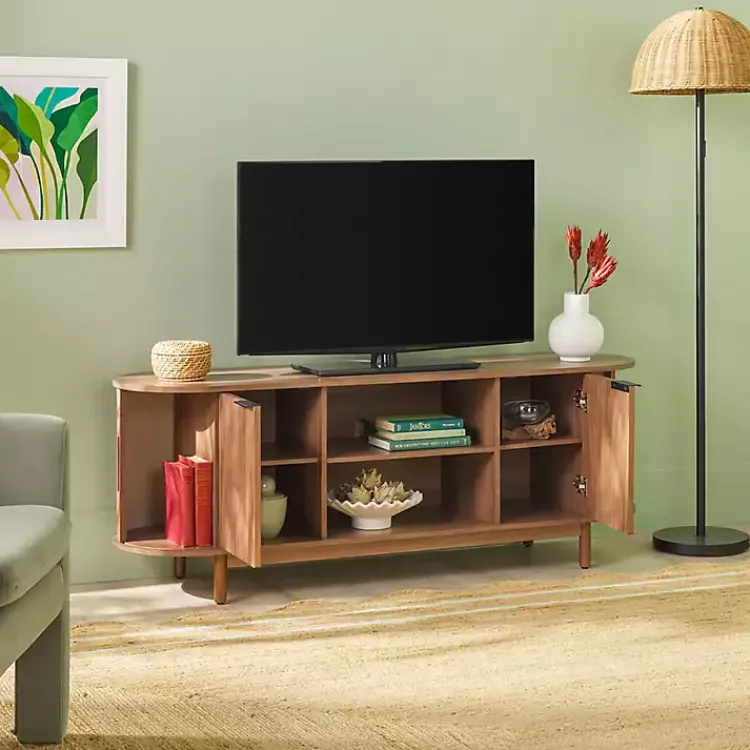 Tv Stands & Media Consoles-Kirklands Home Mocha Wood Reeded Oval TV Stand Brown