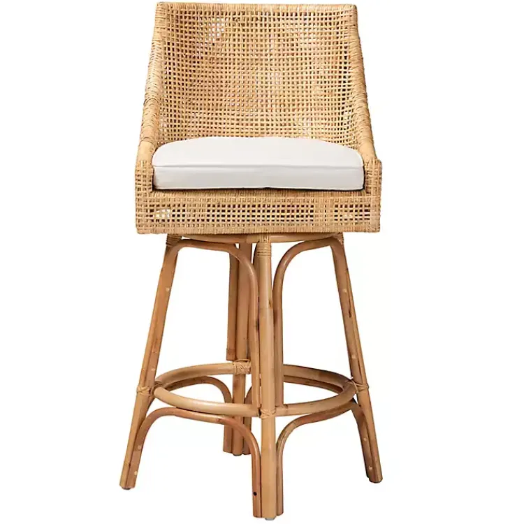 Bar Stools & Counter Height Stools-Kirklands Home Natural Rattan Bella Swivel Bar Stool White