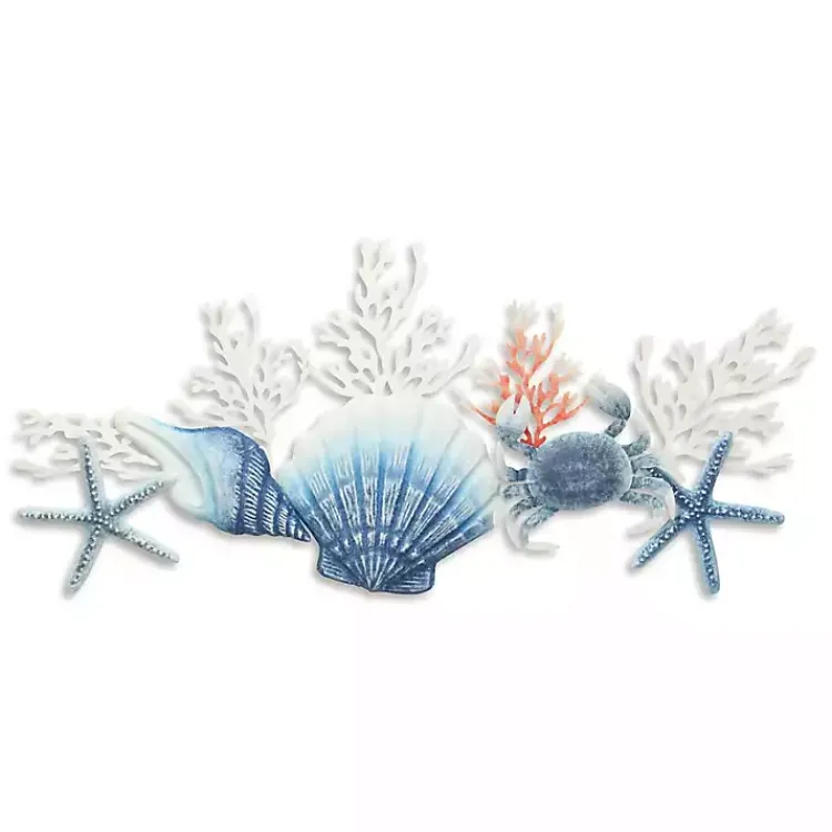 Wall Plaques-Kirklands Home Blue Metal Coral and Shell Wall Plaque