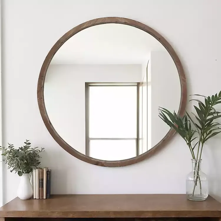 Decorative Mirrors-Kirklands Home Brown Fir Wood Round Wall Mirror