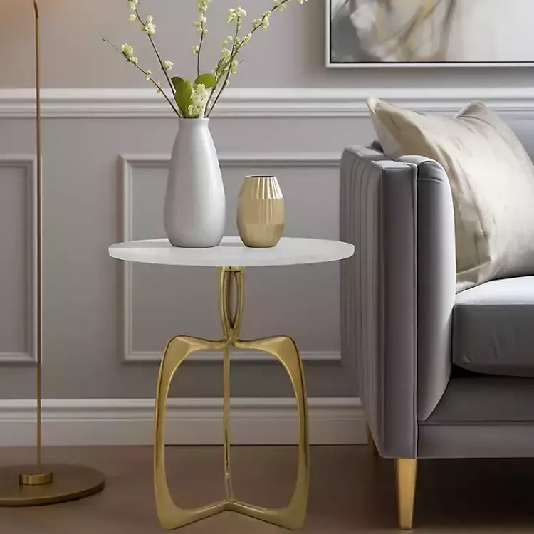 Accent & End Tables-Kirklands Home Gold Metal and Marble Modern Abstract Accent Table White