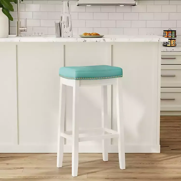 Bar Stools & Counter Height Stools-Kirklands Home Teal Faux Leather Claridge Bar Stool Blue