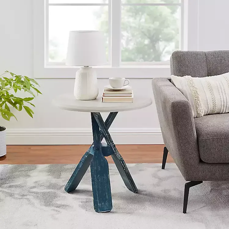 Accent & End Tables-Kirklands Home Distressed Blue Oars Coastal Accent Table White
