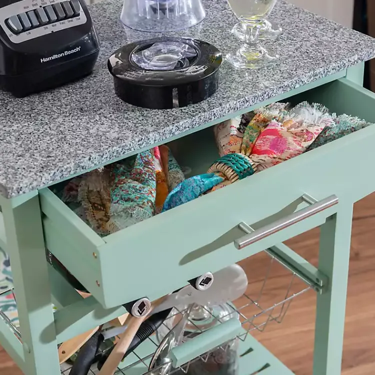 Kitchen Islands & Bar Carts-Kirklands Home Mint Rolling Kitchen Cart with Granite Top Green