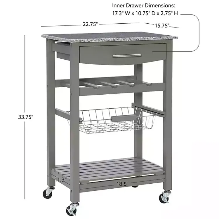 Kitchen Islands & Bar Carts-Kirklands Home Warm Rolling Kitchen Cart with Granite Top Gray