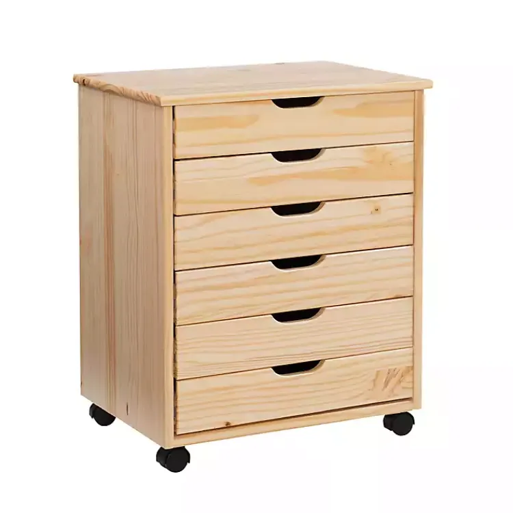 Office Furniture-Kirklands Home Natural Wood Wide 6-Drawer Cary Storage Cart Tan