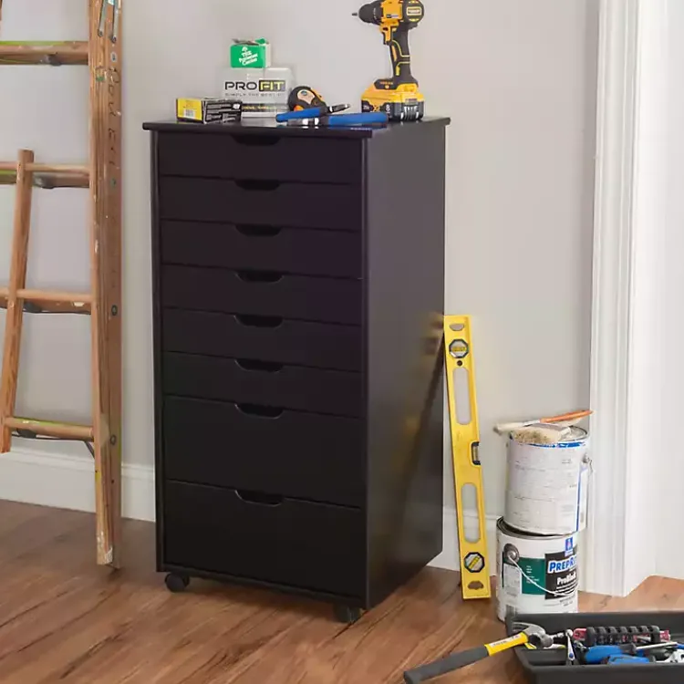 Office Furniture-Kirklands Home Wood 8-Drawer Cary Storage Cart Black