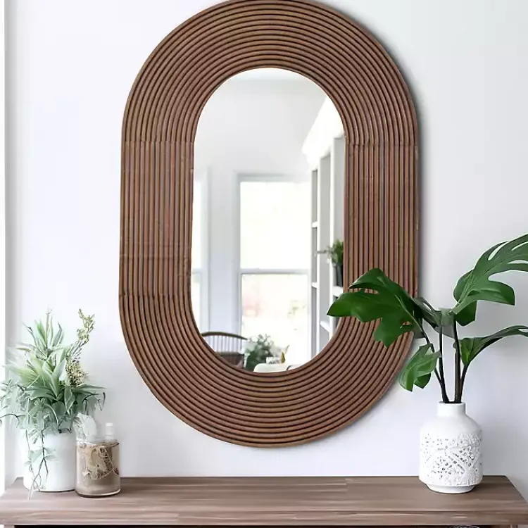 Decorative Mirrors-Kirklands Home Oval Walnut Ribbed Wood Wall Mirror