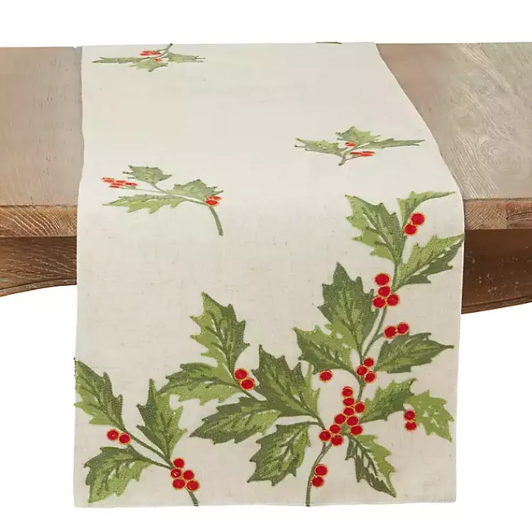 Table Linens-Kirklands Home Evergreen Holly Leaves Cotton Runner
