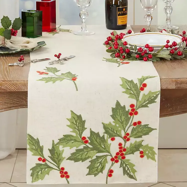 Table Linens-Kirklands Home Evergreen Holly Leaves Cotton Runner