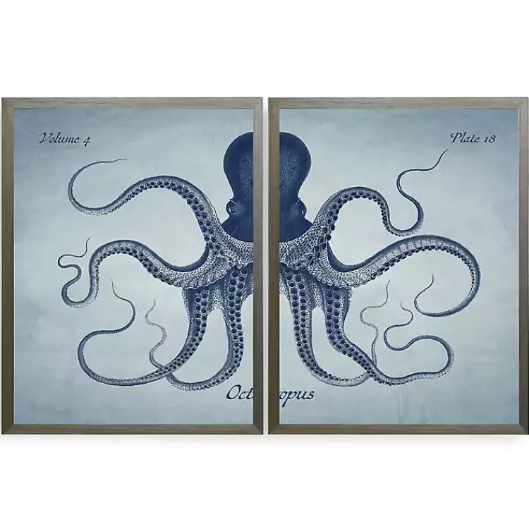 Framed Art-Kirklands Home Vintage Split Octopus Framed Art Prints, Set of 2 Blue