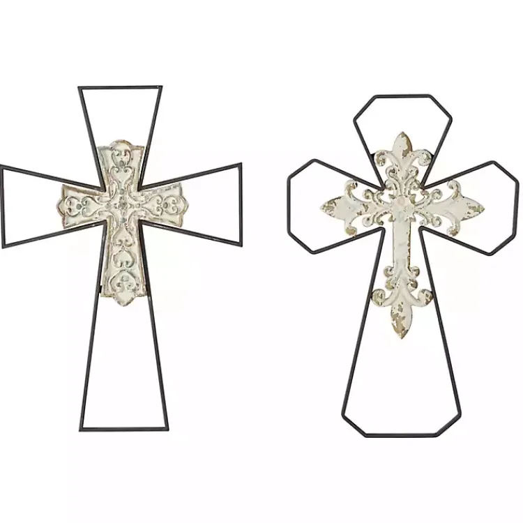 Wall Plaques-Kirklands Home White Wood and Metal Cross Wall Plaques, Set of 2