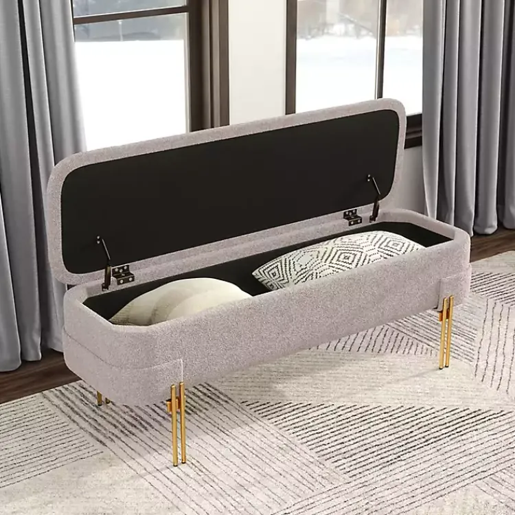 Benches & Ottomans-Kirklands Home Oatmeal Shearling Upholstered Storage Bench Tan