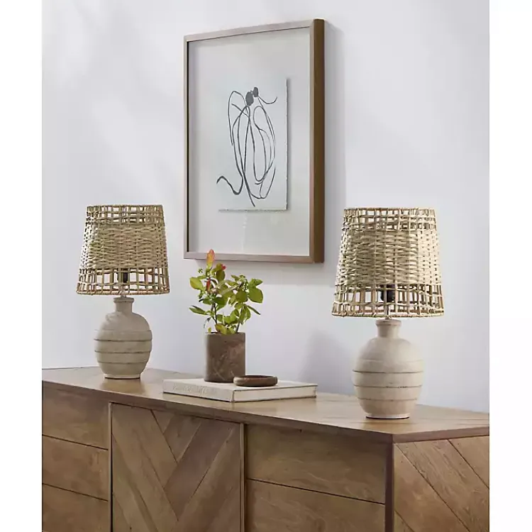 Table Lamps-Kirklands Home Natural Ceramic 2-pc. Lamps with Seagrass Shades Tan
