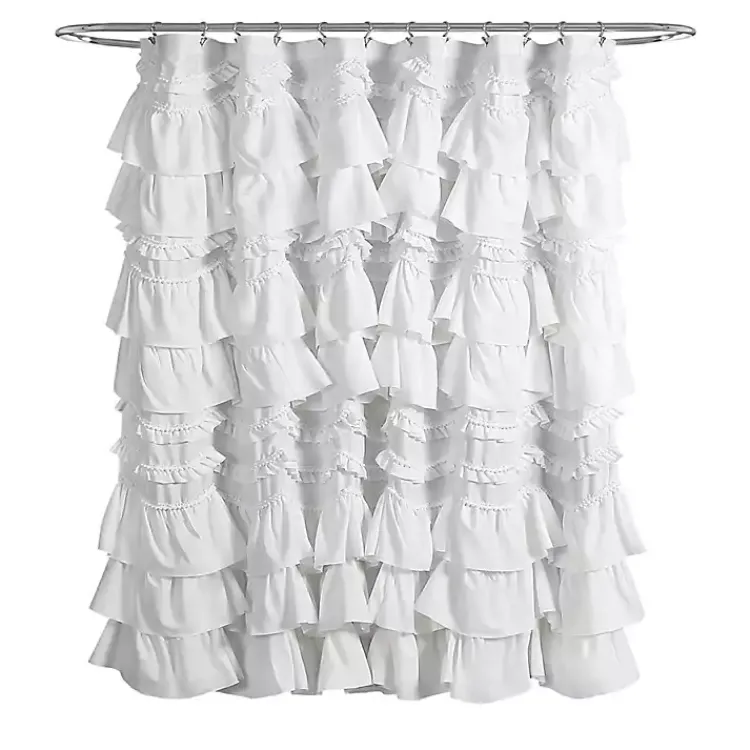 Shower Curtains-Kirklands Home Ruffle and Pom Pom Trim Shower Curtain White