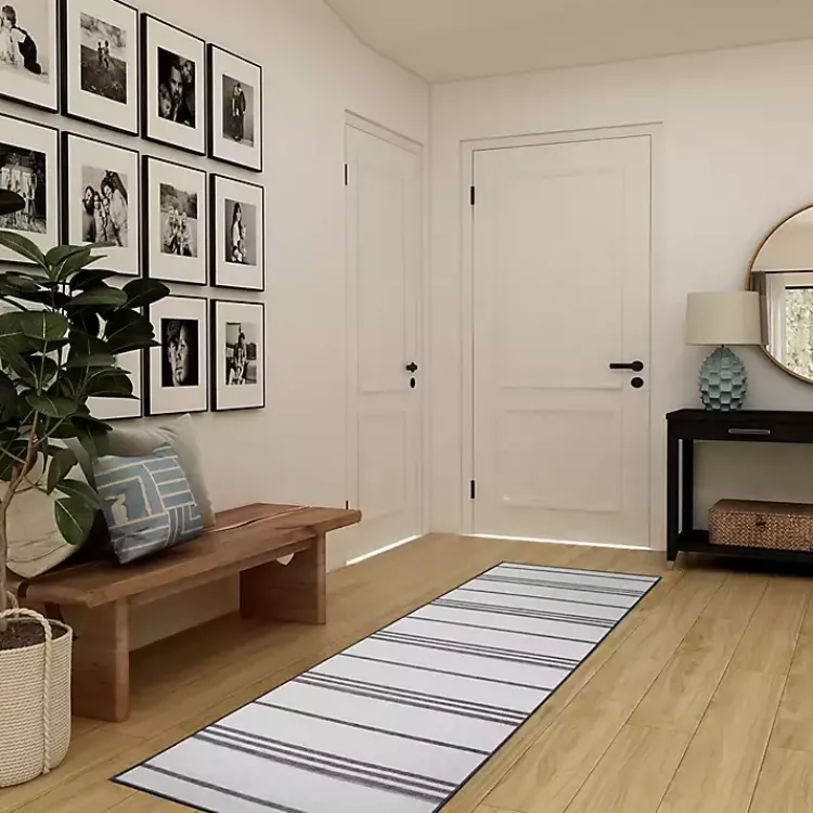 Area Rugs-Kirklands Home Gray and White Stripe Washable Runner, 2x7