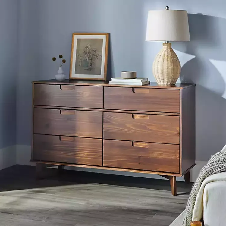 Dressers & Chests-Kirklands Home Walnut Grooved Handle 6-Drawer Dresser Brown