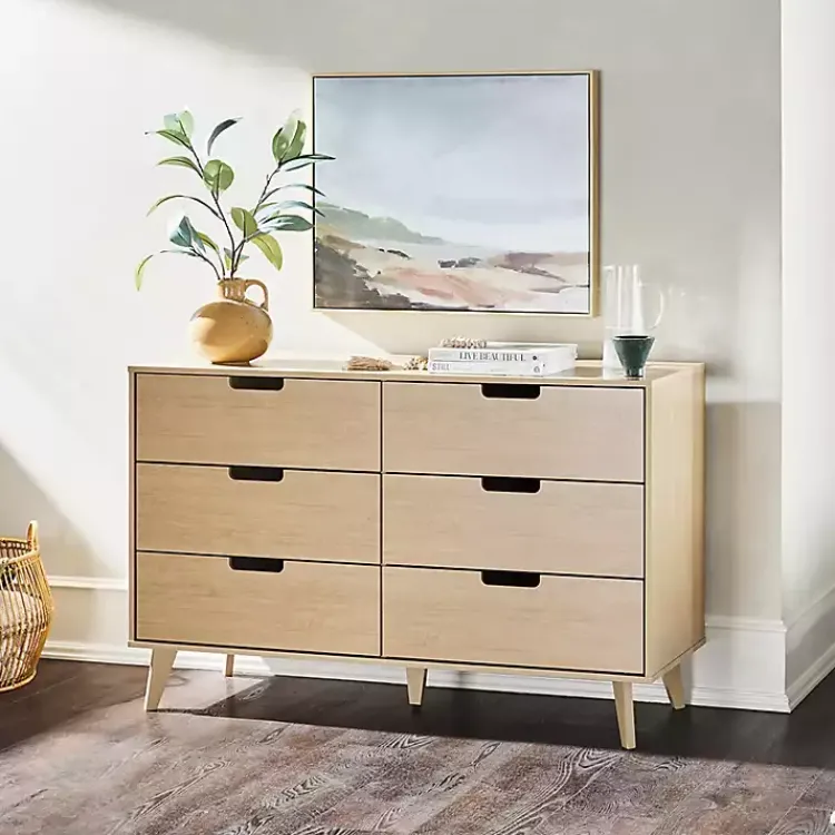 Dressers & Chests-Kirklands Home Oak Wood Simple Grooved Handle 6-Drawer Dresser Tan