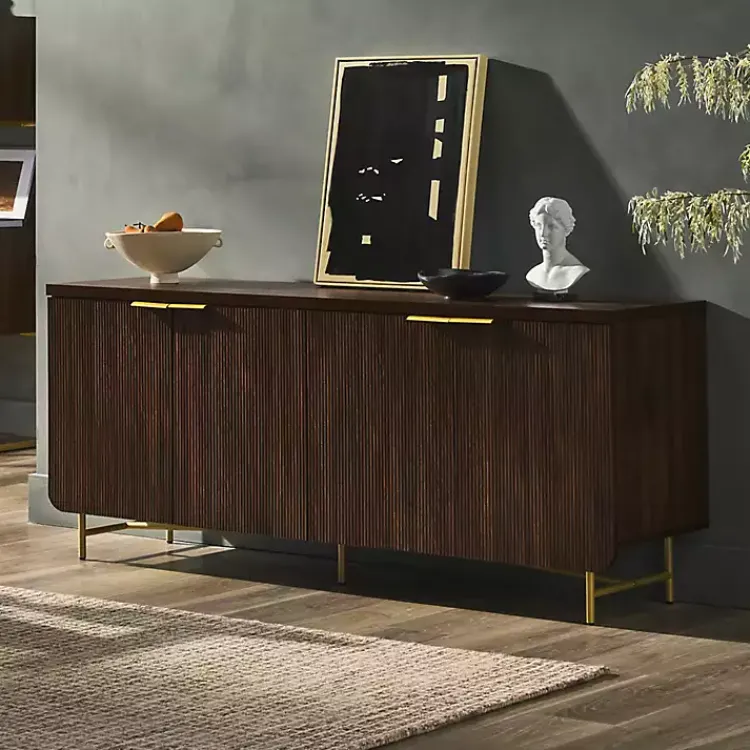 Cabinets & Sideboards-Kirklands Home Walnut Wood Scandinavian 4-Door Sideboard Brown