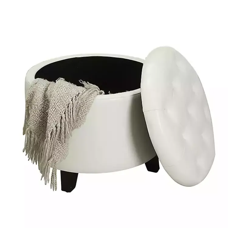 Benches & Ottomans-Kirklands Home Faux Leather Eliza Round Storage Ottoman White