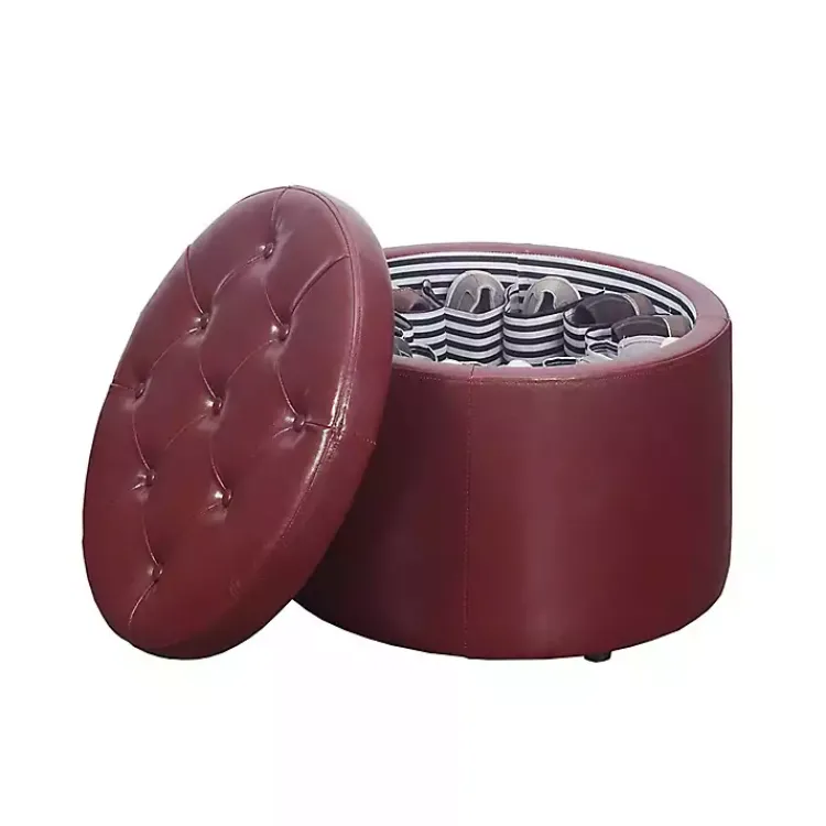 Benches & Ottomans-Kirklands Home Faux Leather Round Shoe Storage Ottoman Red