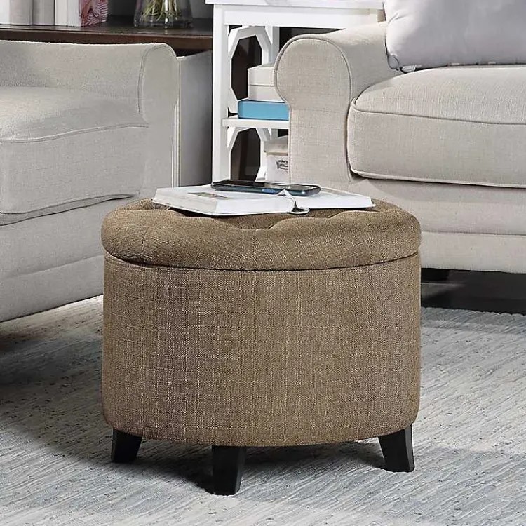 Benches & Ottomans-Kirklands Home Upholstered Eliza Round Storage Ottoman Tan