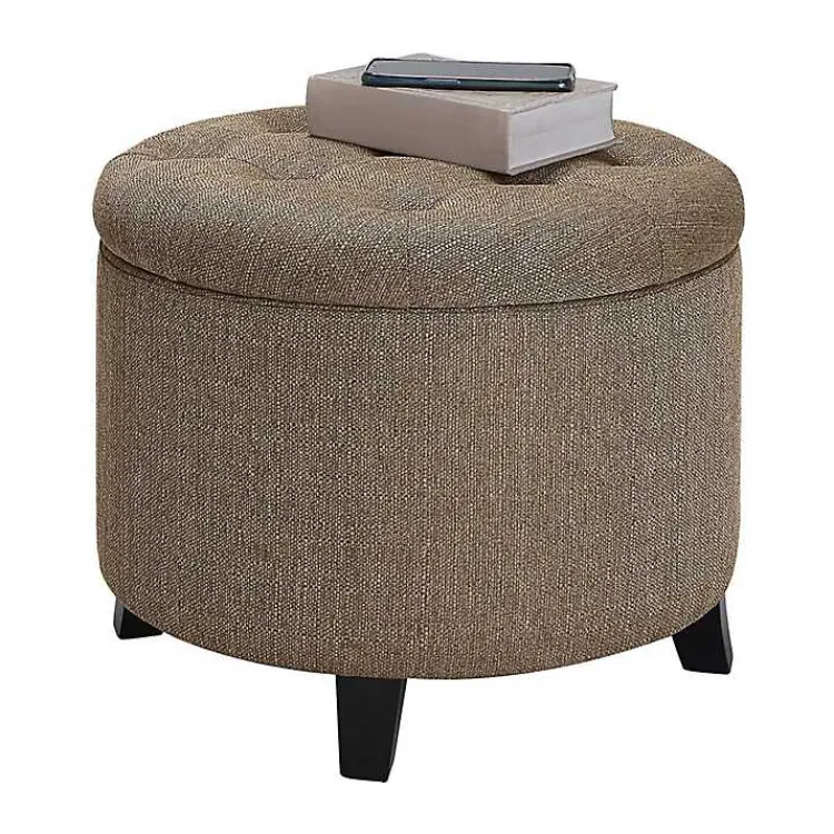Benches & Ottomans-Kirklands Home Upholstered Eliza Round Storage Ottoman Tan