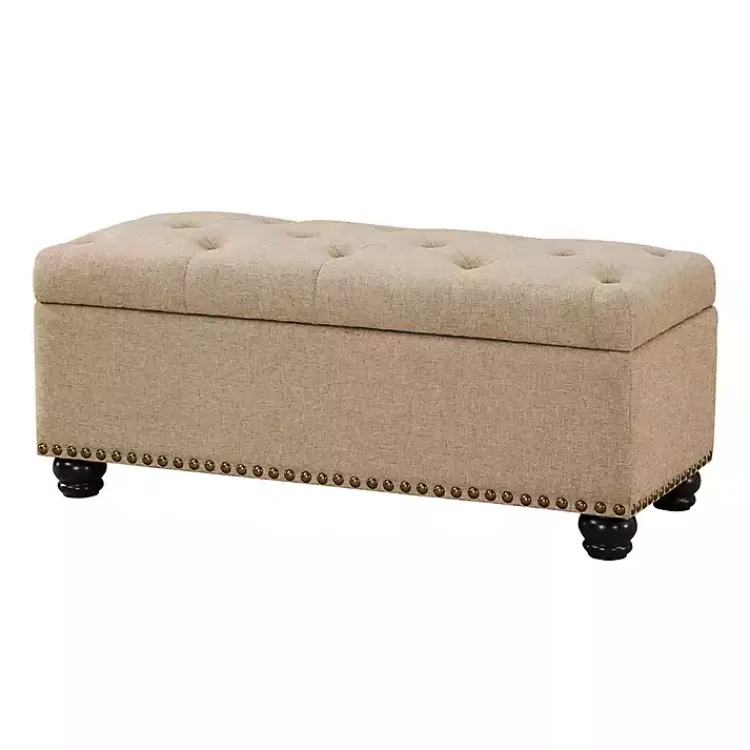 Benches & Ottomans-Kirklands Home Upholstered Carey Storage Ottoman Bench Tan