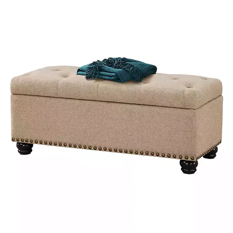 Benches & Ottomans-Kirklands Home Upholstered Carey Storage Ottoman Bench Tan