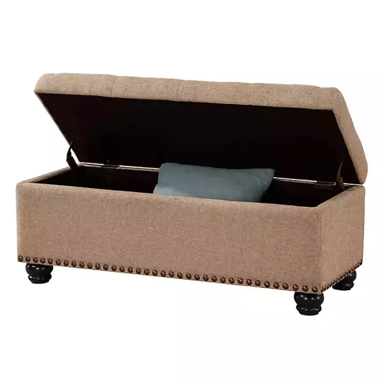 Benches & Ottomans-Kirklands Home Upholstered Carey Storage Ottoman Bench Tan