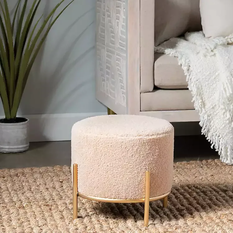 Benches & Ottomans-Kirklands Home Cream Sherpa Upholstered Round Ottoman Ivory