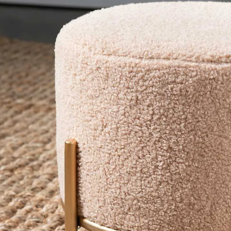 Benches & Ottomans-Kirklands Home Cream Sherpa Upholstered Round Ottoman Ivory