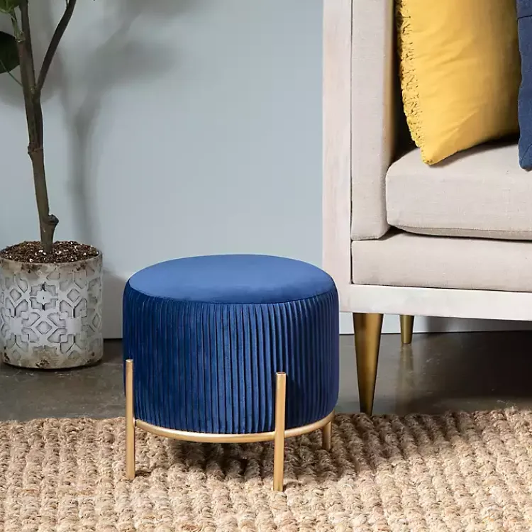Benches & Ottomans-Kirklands Home Navy Velvet Upholstered Round Ottoman Blue