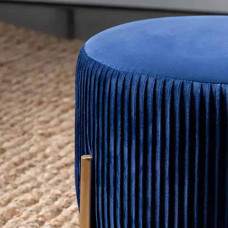 Benches & Ottomans-Kirklands Home Navy Velvet Upholstered Round Ottoman Blue