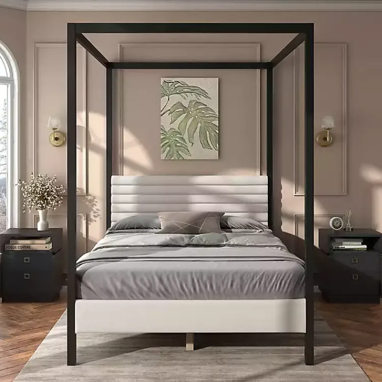 Beds & Headboards-Kirklands Home White Boucle Upholstered Black Canopy Queen Bed