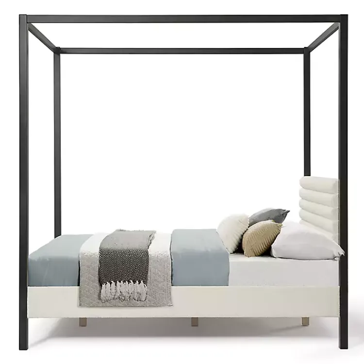 Beds & Headboards-Kirklands Home White Boucle Upholstered Black Canopy Queen Bed