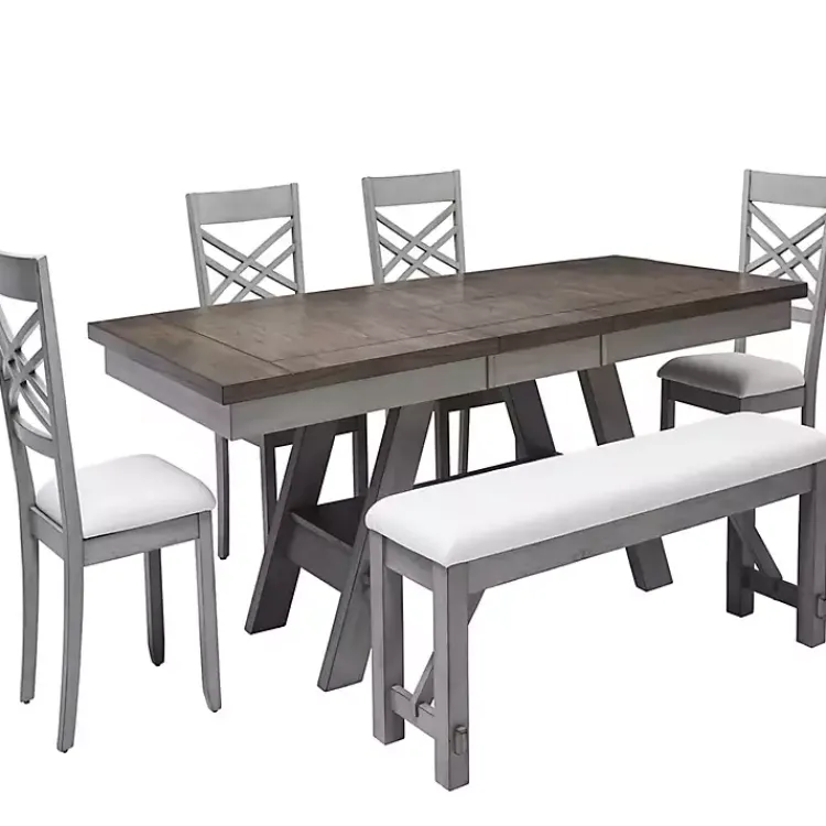 Dining Chairs-Kirklands Home Antique Upholstered Gray Wood Dining Bench White